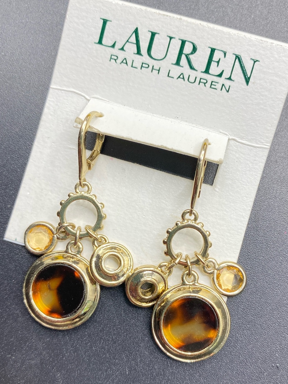 LAUREN Ralph Lauren Tortoise Shell Gold Tone Lever Back Pierced Earrings NWT - Picture 2 of 5